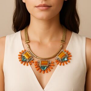 NWT Bansri Orange and Gold Necklace with Statement Design